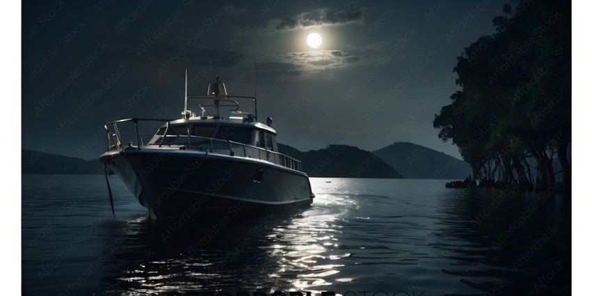 A boat sits in the water at night with a full moon in the background