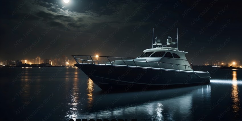 A luxury yacht at night on the water