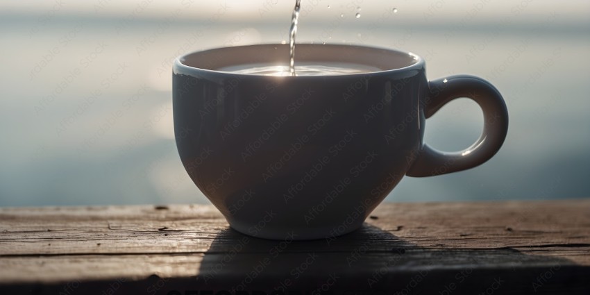 A cup of coffee with a stream of water pouring out