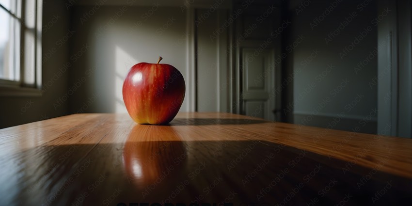 A red apple sitting on a wooden table
