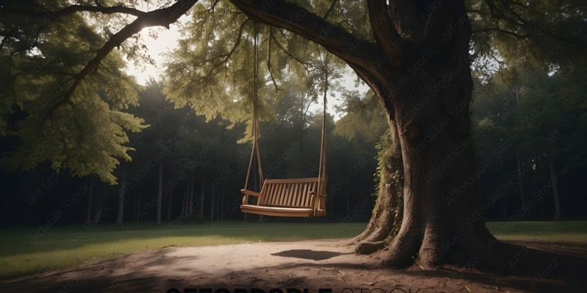 A swing in a park with a tree in the background