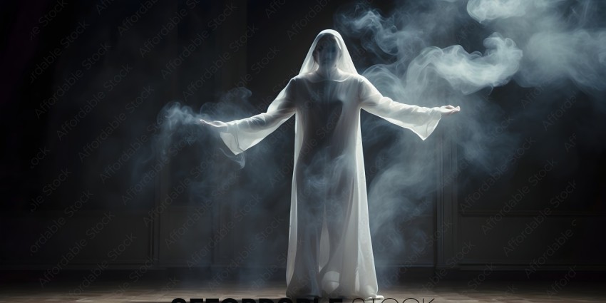 A ghostly figure in a white gown stands in a hazy room