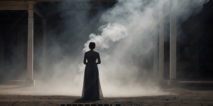 A woman in a white dress stands in a smoky room