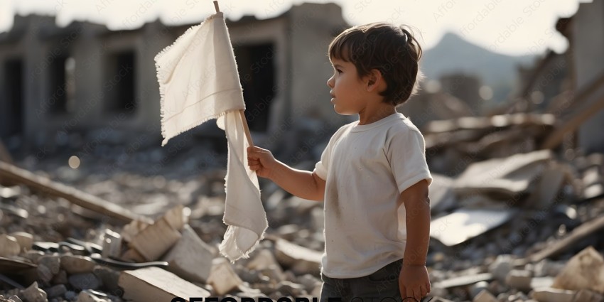 A young boy holding a white flag in a destroyed area