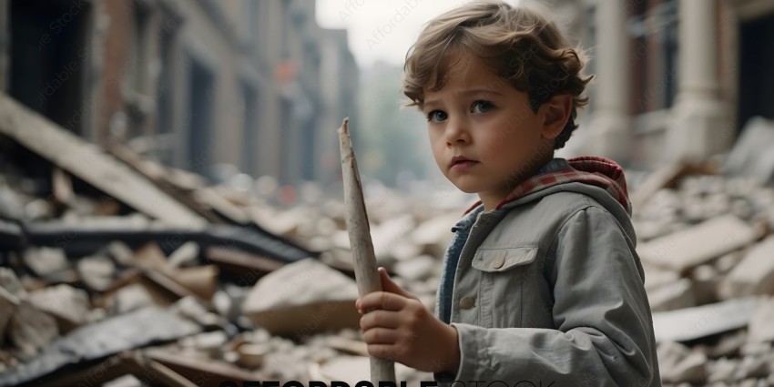 A young boy holding a stick in front of rubble