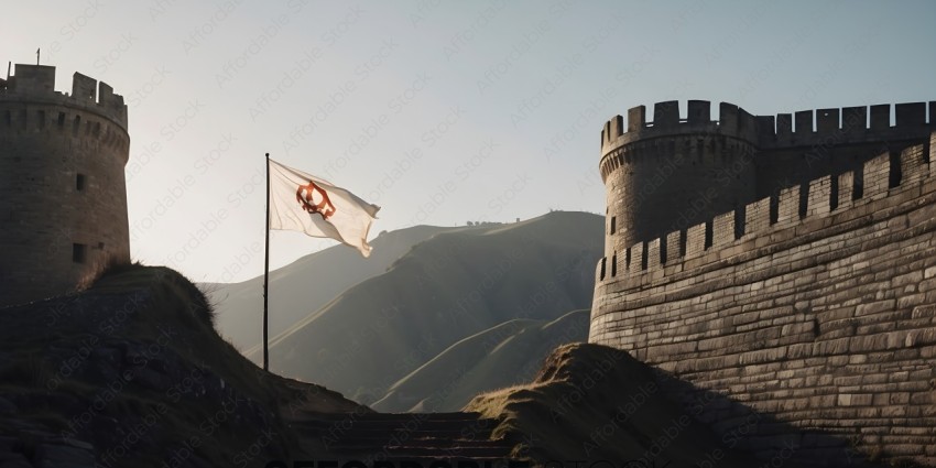 A flag flies in front of a castle with a mountain in the background