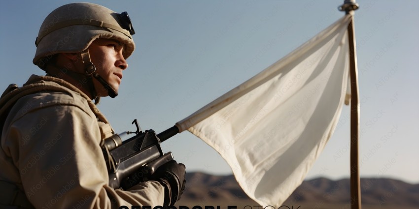 A soldier holding a white flag