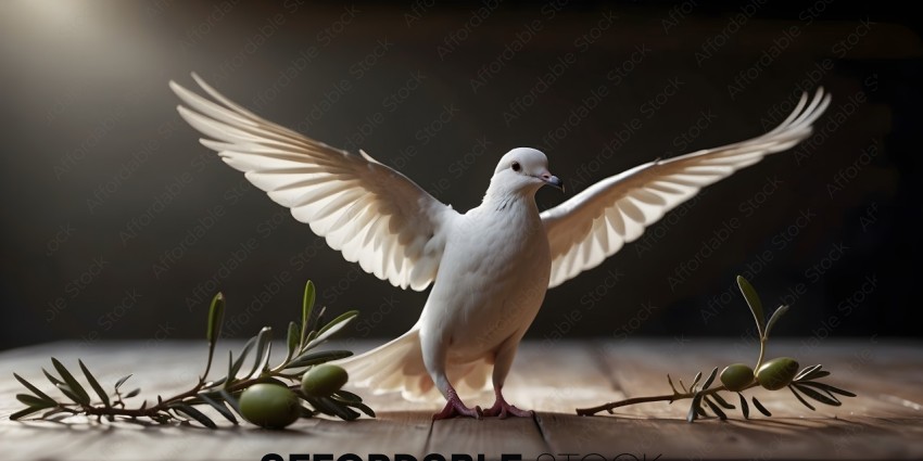White bird with wings open on a wooden table