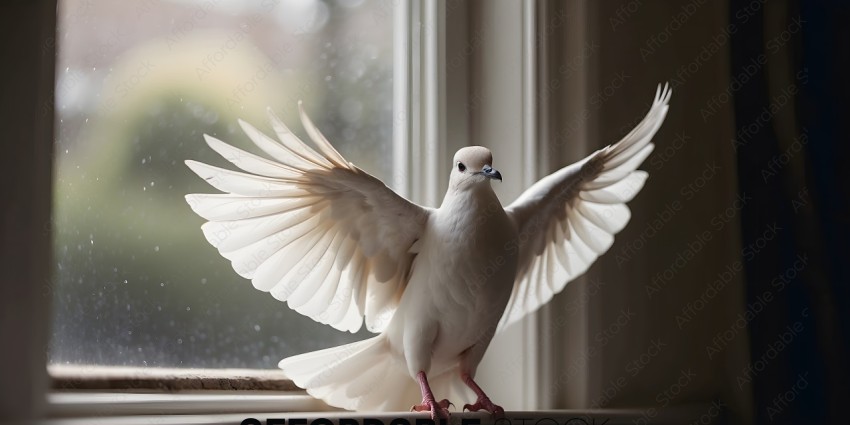 A bird with its wings open in front of a window