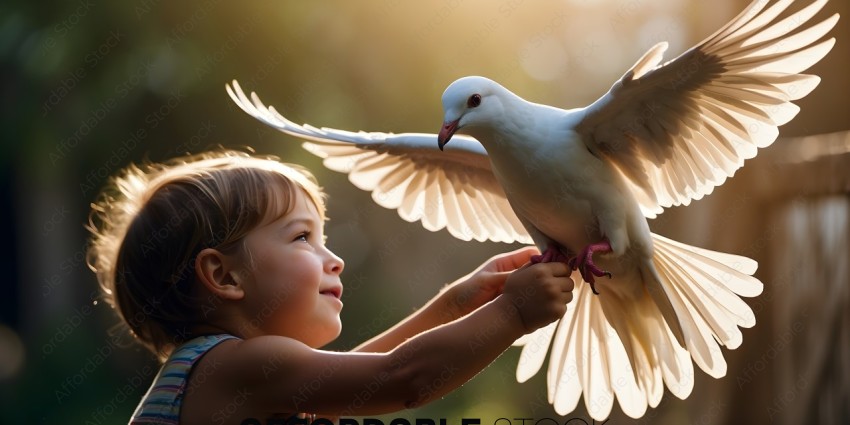 A little girl reaches out to a dove