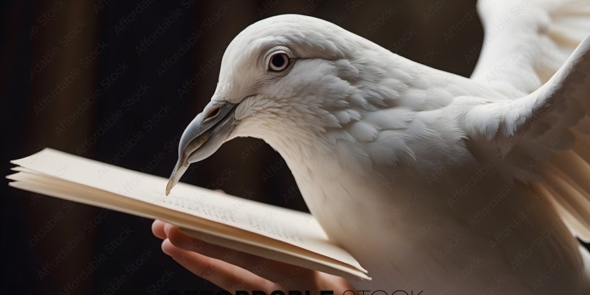 A person holding a book with a bird looking at it