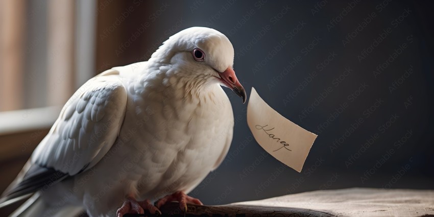 A white bird with a note in its beak