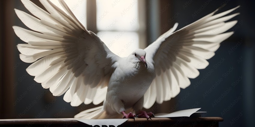 A white bird with its wings spread out