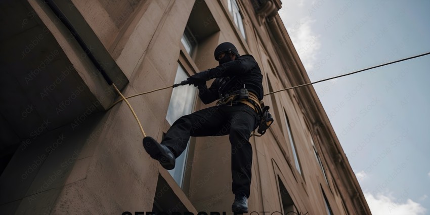 Man in black suit climbing up a building