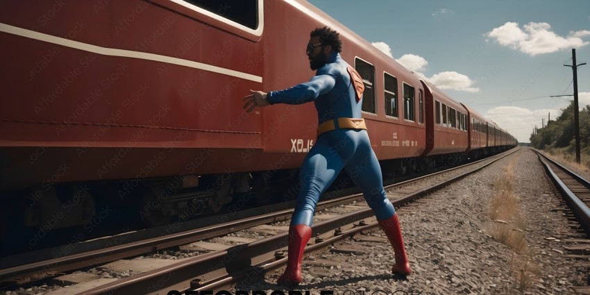 Superman in a blue suit standing on train tracks