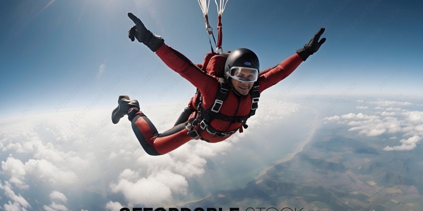 A man in a red jumpsuit is skydiving