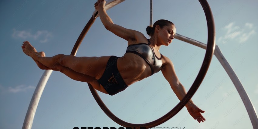 A woman in a sports bra is hanging from a hoop
