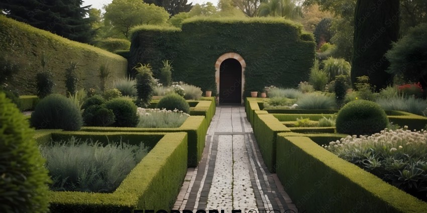 A pathway between two hedges with a doorway in the middle