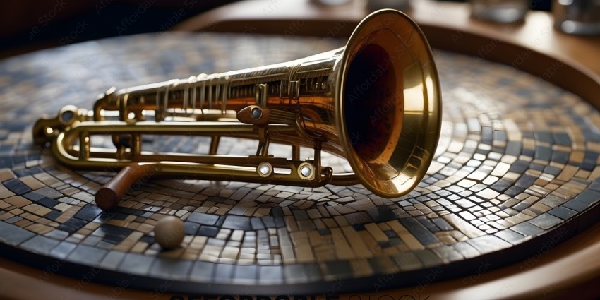 A gold trumpet on a patterned surface