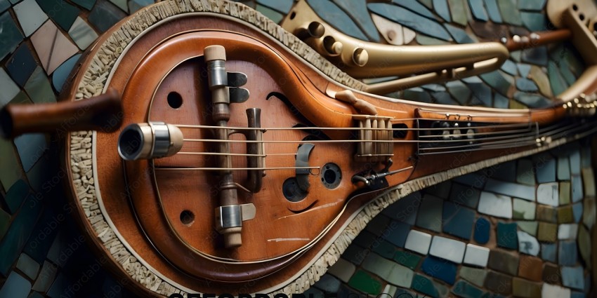 A close up of a wooden string instrument with a lot of knobs and dials