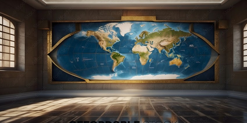 A large map of the world on a wall