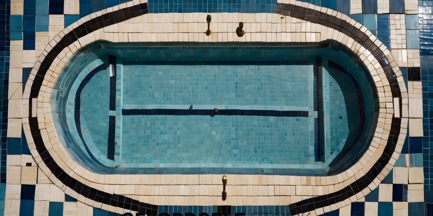 A blue and white tiled pool with two handles