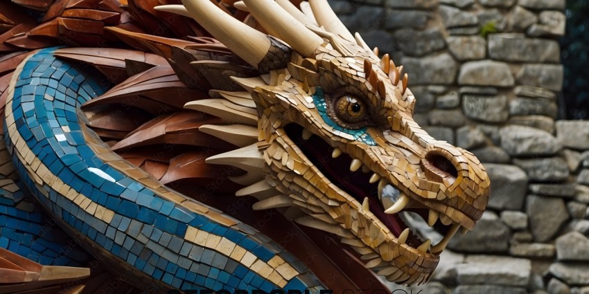 A dragon sculpture with a blue eye