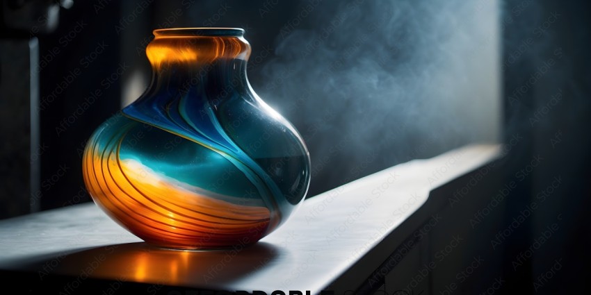 A blue and orange vase with smoke coming out of it