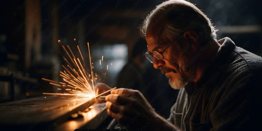 A man wearing glasses is working with a piece of metal