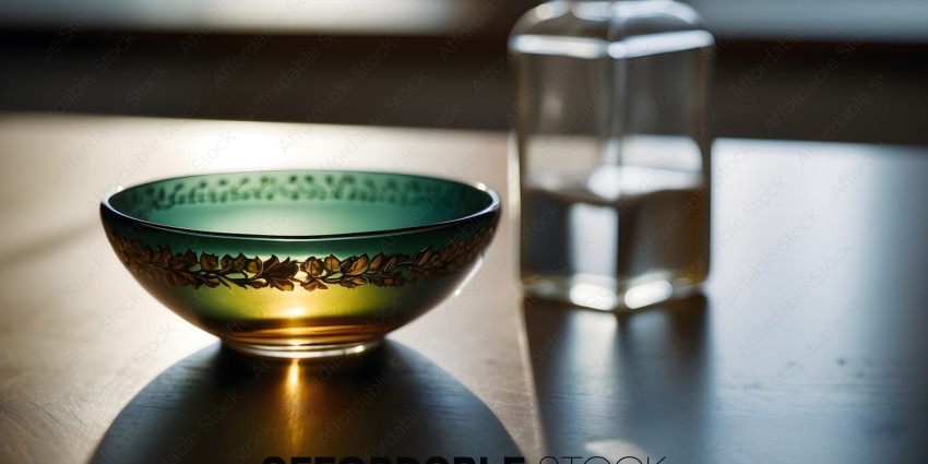 A bowl with a green and gold design sits on a table
