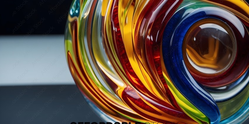A colorful glass vase with a swirled pattern