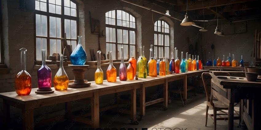 Vases of various colors and shapes lined up on a wooden table
