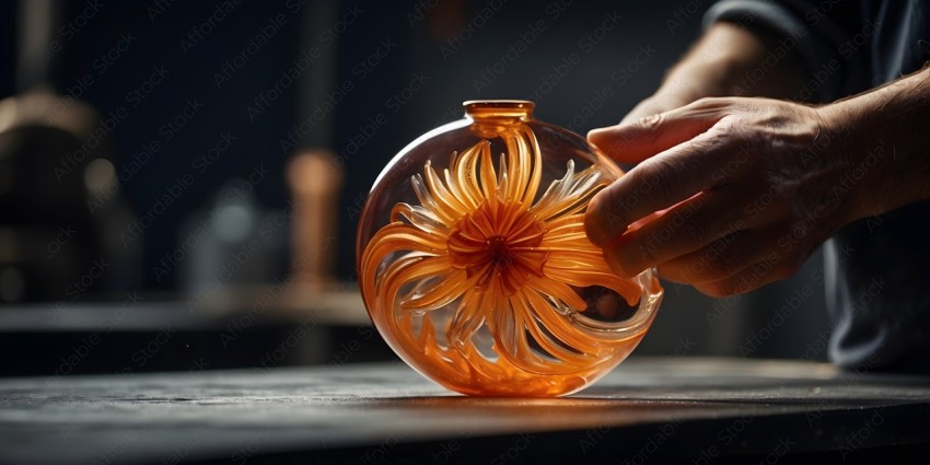 A person is holding a glass vase with a flower design