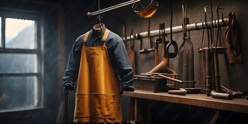 A mannequin wearing a yellow apron