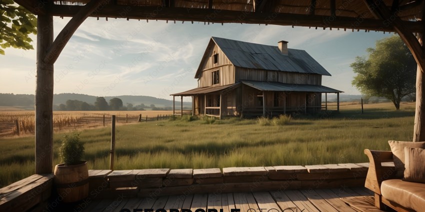 A wooden house with a porch overlooking a field
