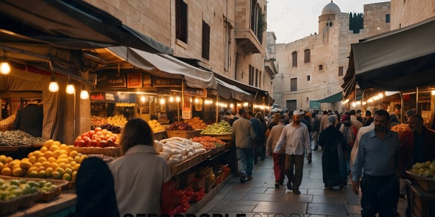 People walking down a crowded street with produce stands