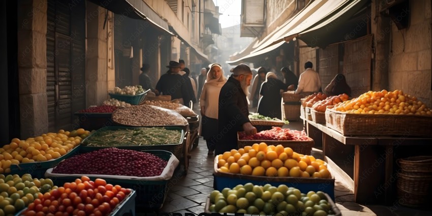A market scene with a man holding a basket of fruit