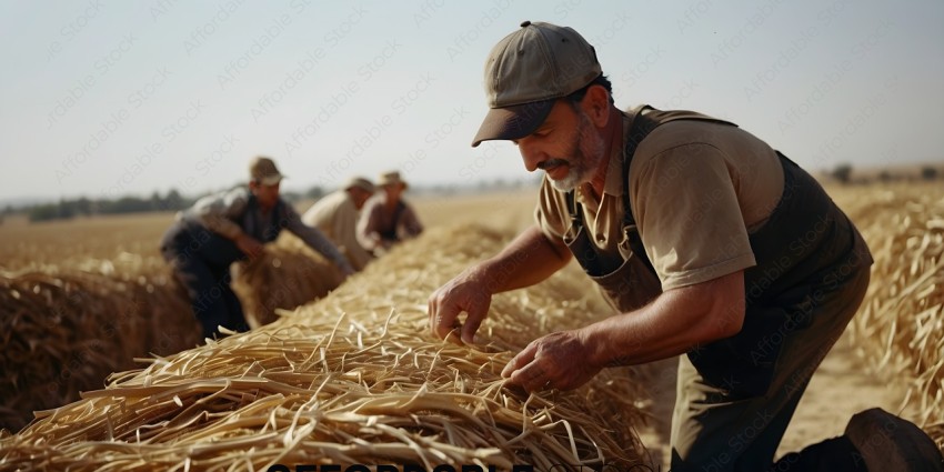 Man wearing a hat, working with straw