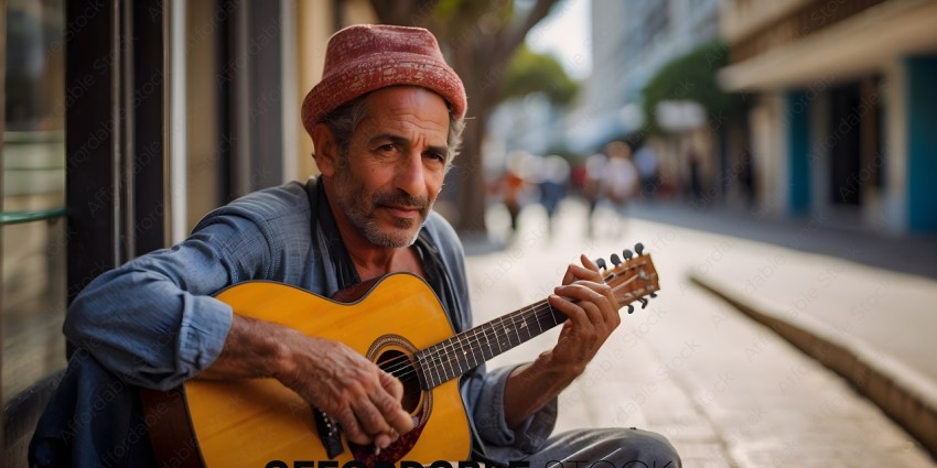 Man playing guitar on sidewalk