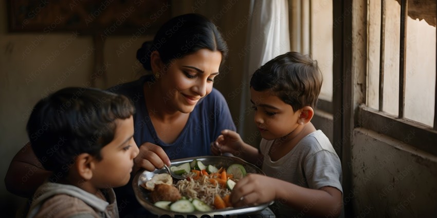 A woman and two children eating a meal together