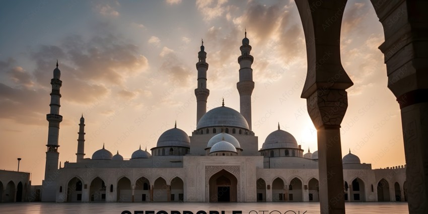 A beautiful mosque with a sunset in the background