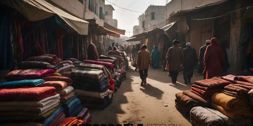 People walking down a street with blankets and fabrics