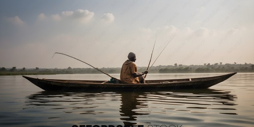 A man in a boat with a fishing pole