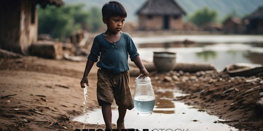 A young boy carrying a jug of water