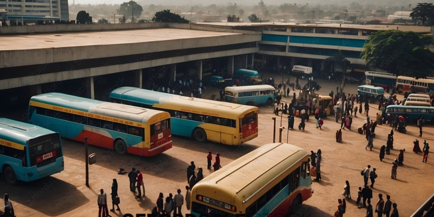 Bus Station with Many Buses and People