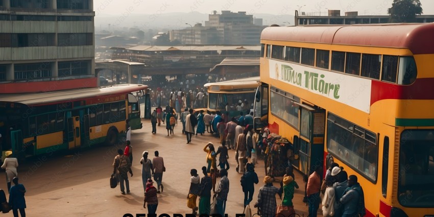 Crowd of people walking on a street with buses