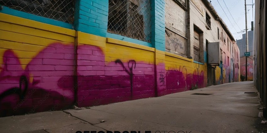 Graffiti on a building with a pink, yellow, and blue background
