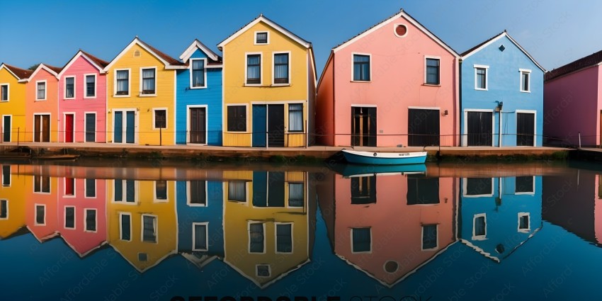 Colorful houses reflected in a body of water