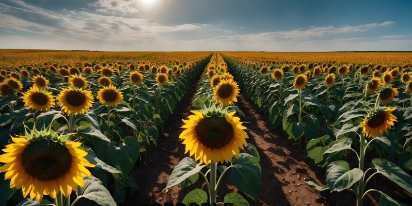 Sunflowers in a field with a path between them