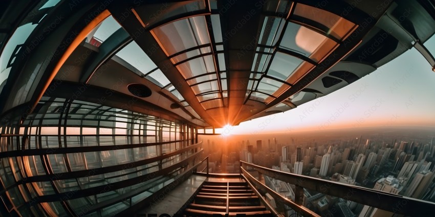 A view of a city from a skyscraper with a sunset